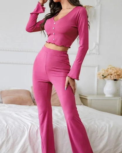 Long loungewear set with decorative buttons