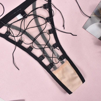 A set of lingerie made from sheer mesh material.