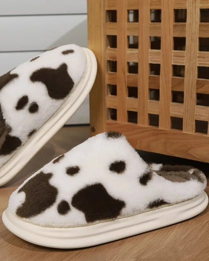 Fluffy Cow Print Slippers