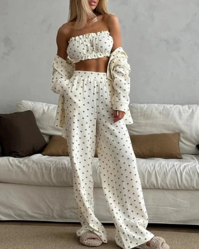 3-piece long heart print pyjama