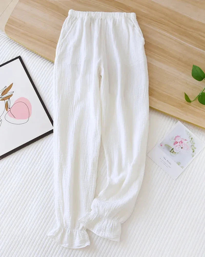 Long Loose Muslin Trousers with Ruffle