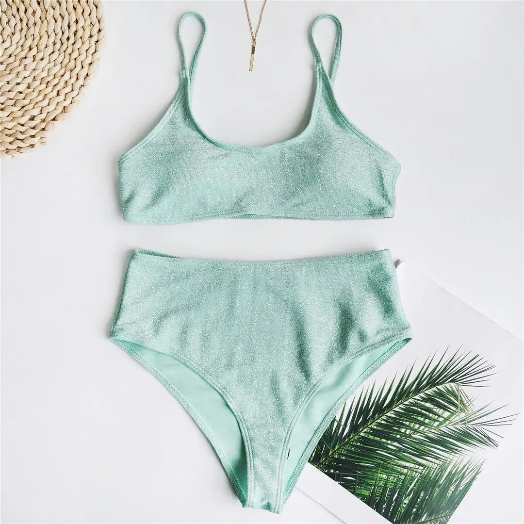 Two-piece swimsuit with high-waisted bottoms