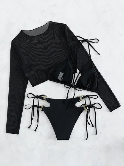 Three-piece swimsuit with a mesh top