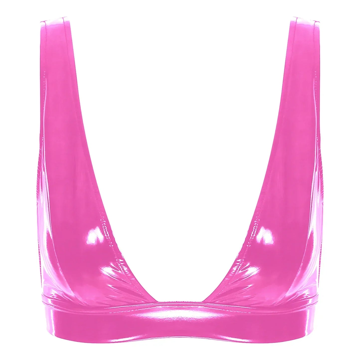 A deep-cut bra fastened at the back.