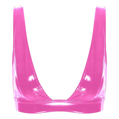 A deep-cut bra fastened at the back.