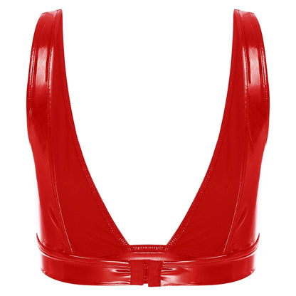 A deep-cut bra fastened at the back.