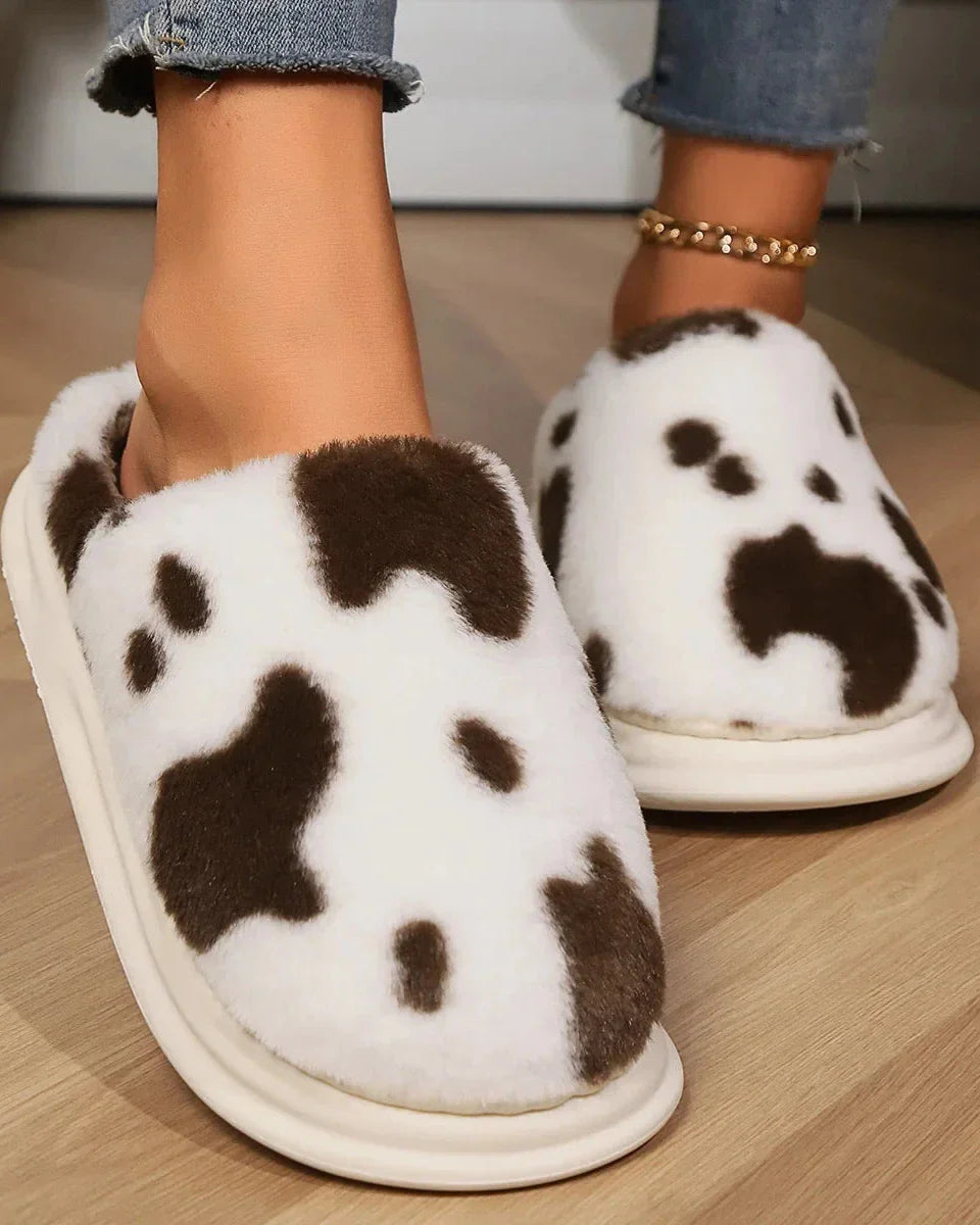 Fluffy Cow Print Slippers