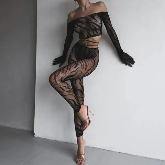 A complete bodystocking lingerie set made of sheer mesh material.