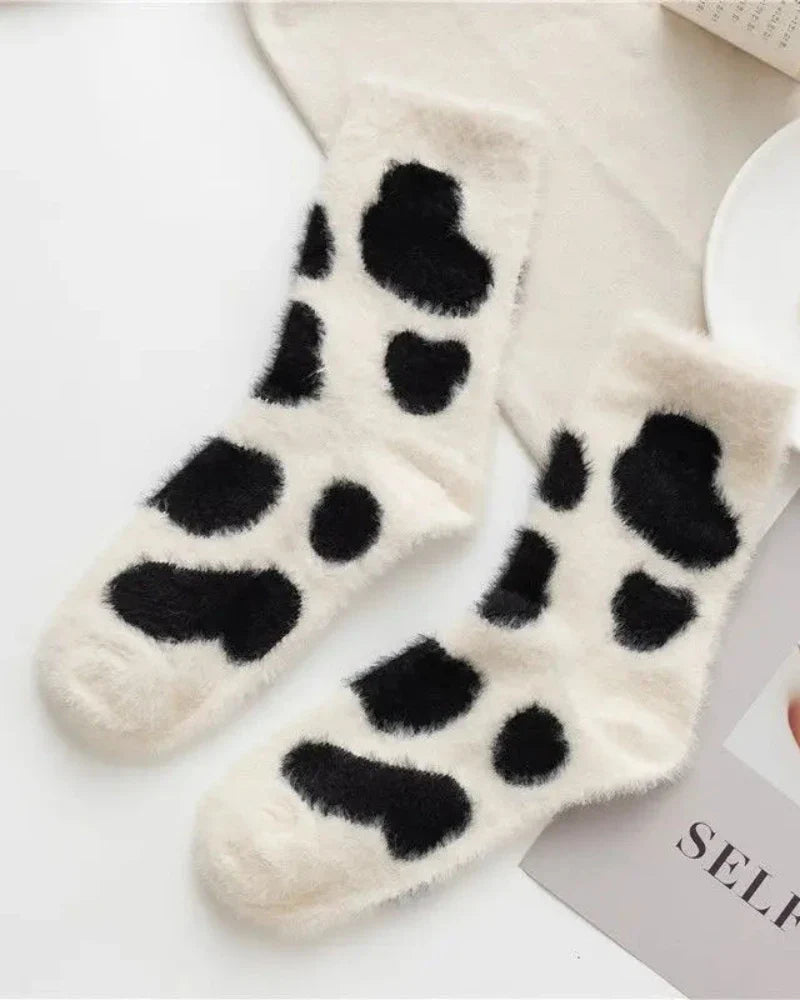 Long patterned fluffy patchwork socks