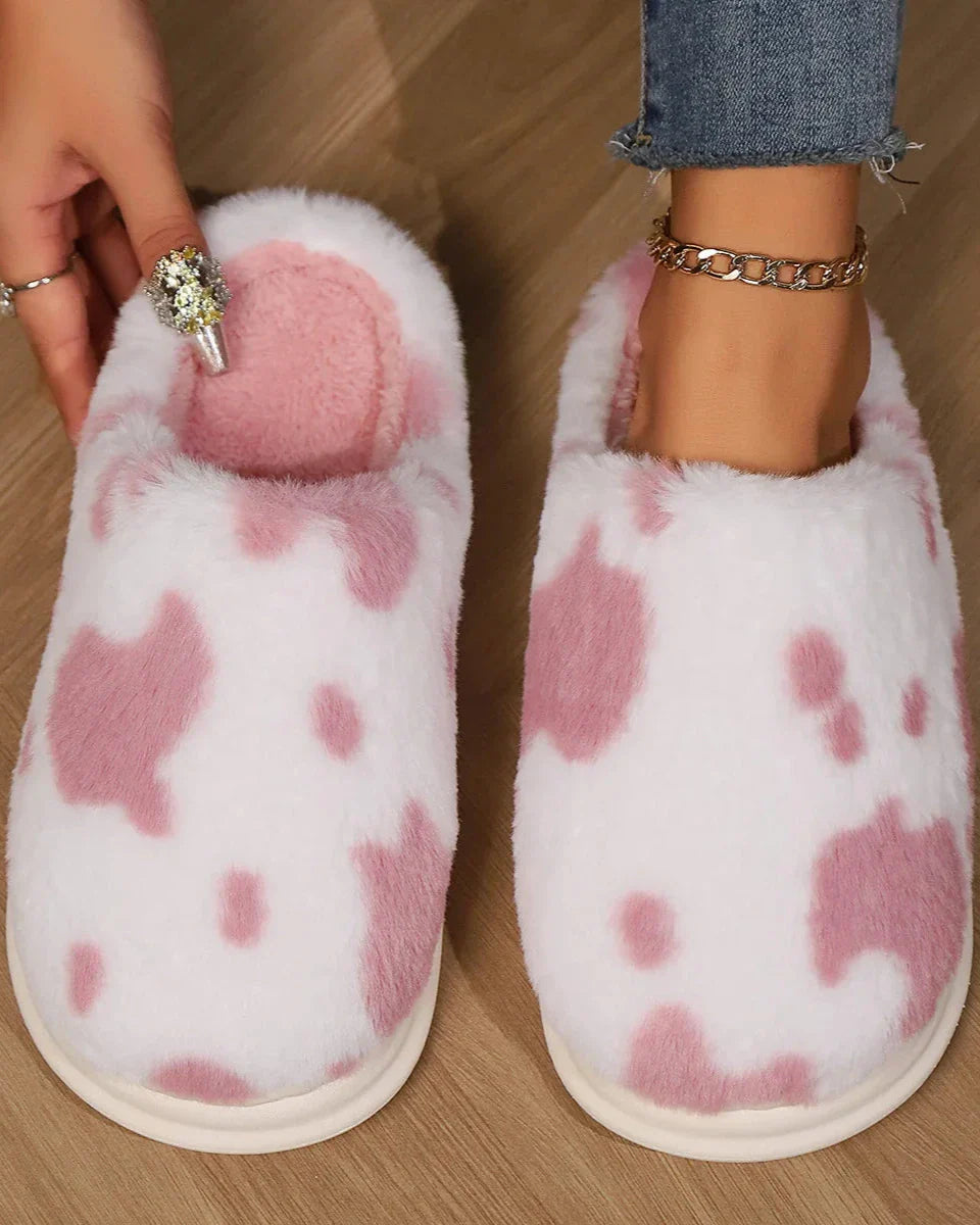 Fluffy Cow Print Slippers