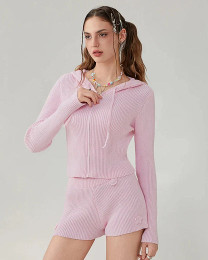 Short Knitted Loungewear Set with Hood