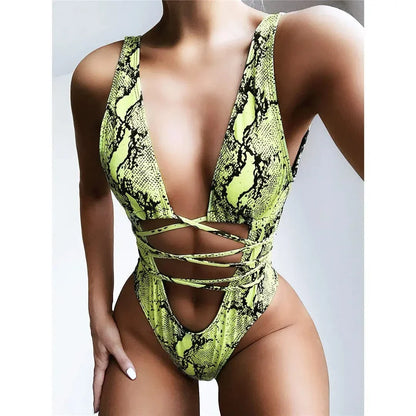 One-piece swimsuit with a front tie.