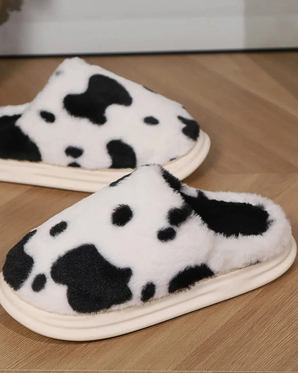 Fluffy Cow Print Slippers