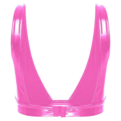 A deep-cut bra fastened at the back.