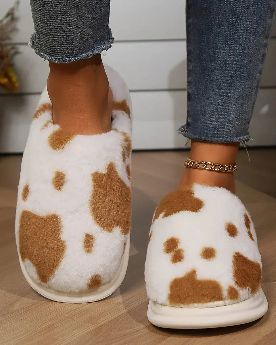 Fluffy Cow Print Slippers