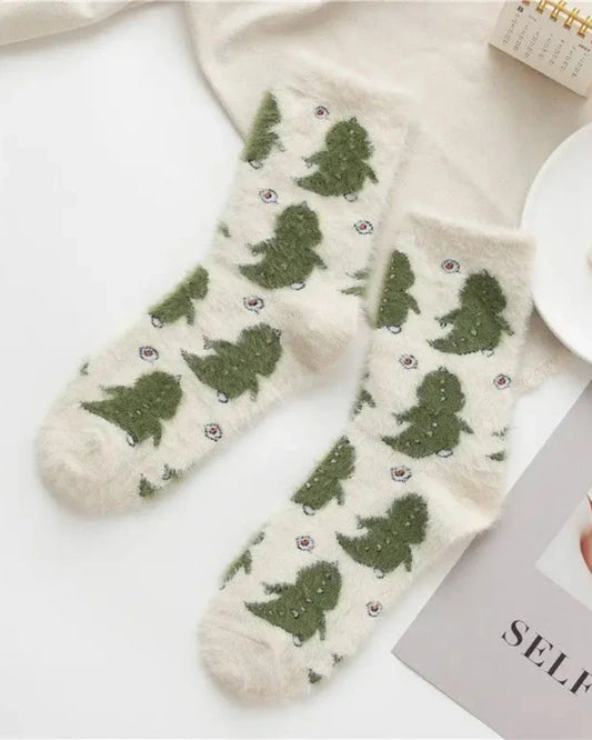 Long patterned fluffy dinosaur socks