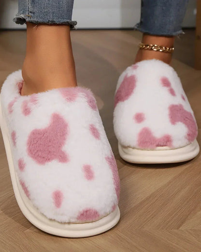 Fluffy Cow Print Slippers