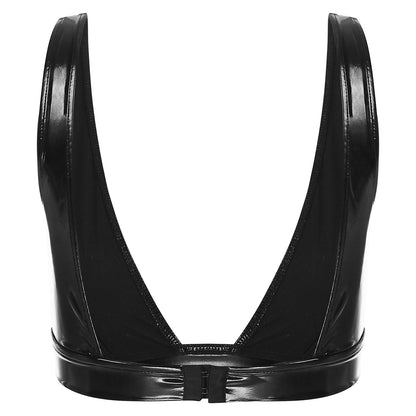 A deep-cut bra fastened at the back.
