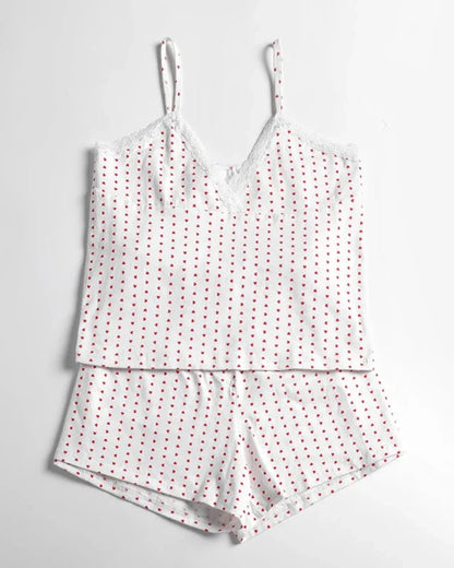 Short heart-patterned camisole pyjama with lace