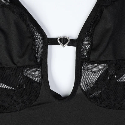 Body with a deep V-neckline adorned with rhinestones.