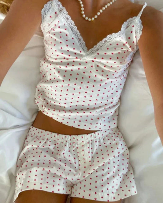 Short heart-patterned camisole pyjama with lace