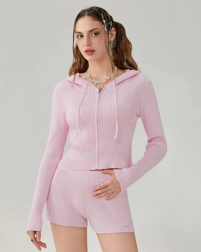 Short Knitted Loungewear Set with Hood