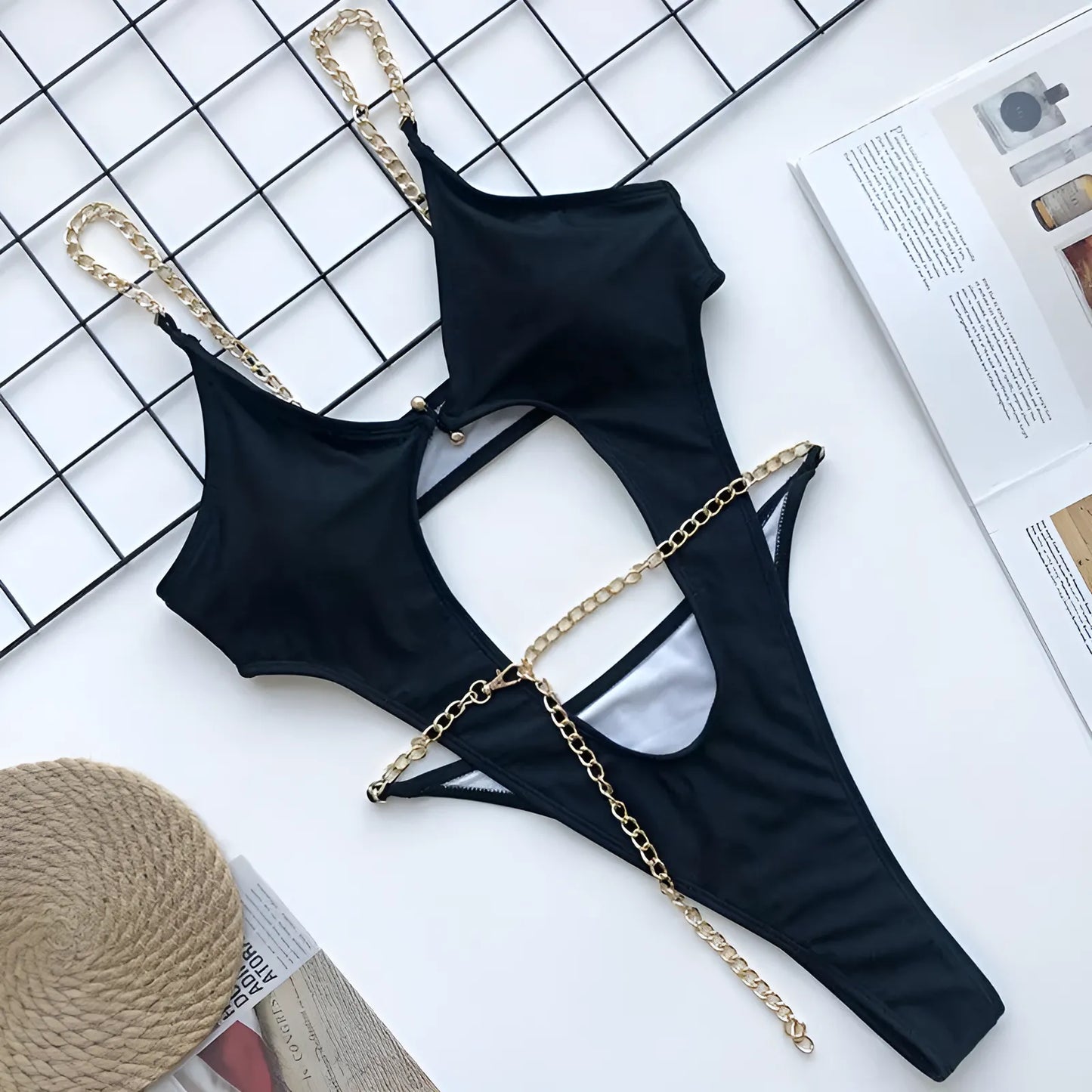 One-Piece Swimsuit with Decorative Chain