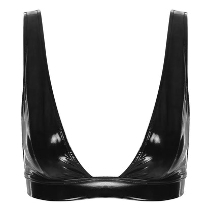 A deep-cut bra fastened at the back.