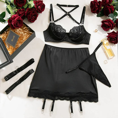 Satin lingerie set with lace inserts