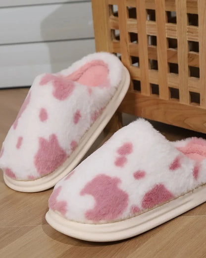 Fluffy Cow Print Slippers