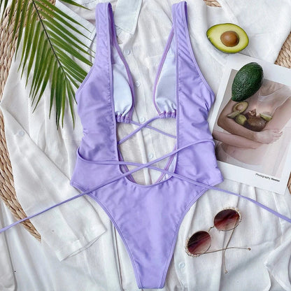 One-piece swimsuit with a front tie.