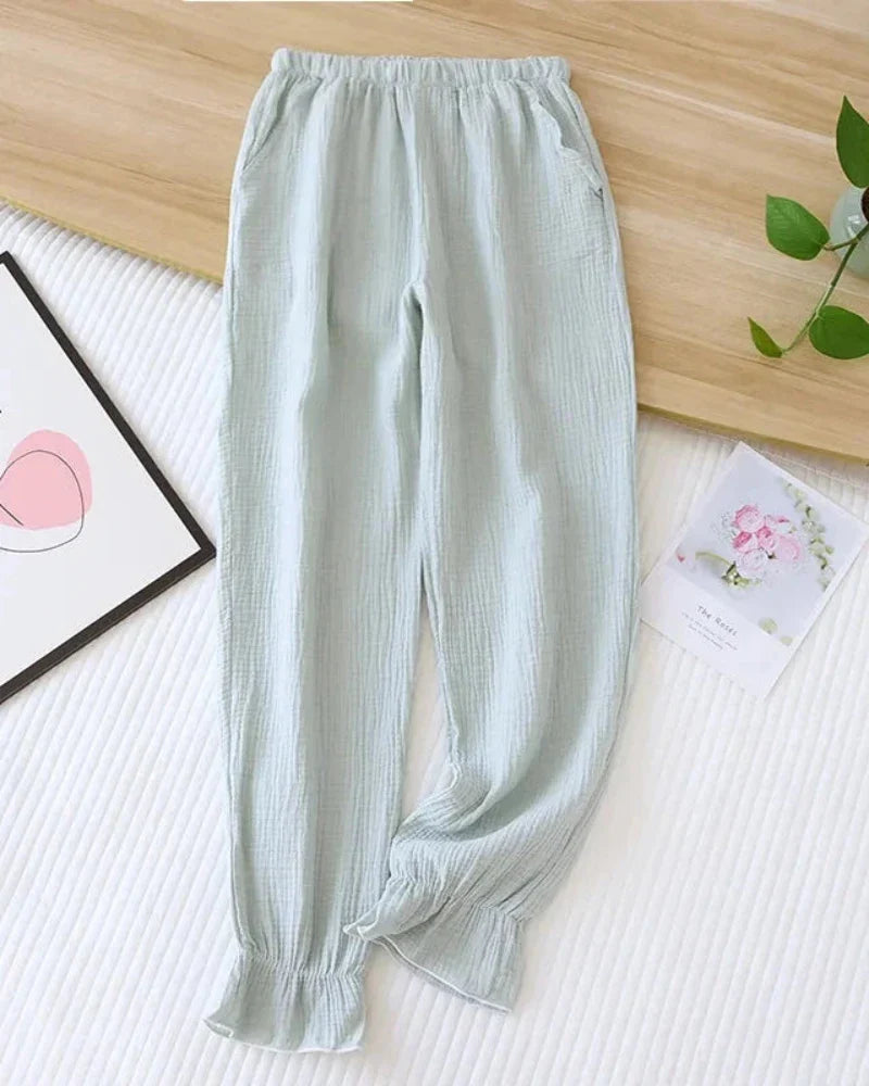 Long Loose Muslin Trousers with Ruffle