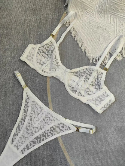 A set of lingerie in a leopard print design with adjustable straps.