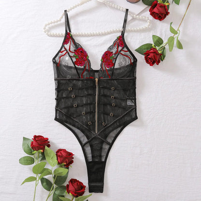 Sheer bodysuit with embroidery on the bust