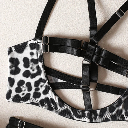 A leopard print lingerie set with open cups.