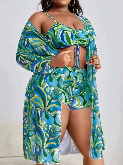 Plus size two-piece swimsuit with decorative tying.