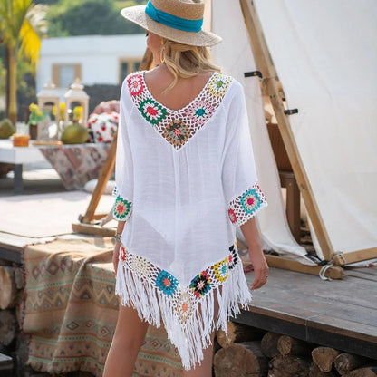 Beach dress with decorative embroidery & tassels