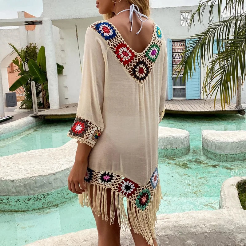 Beach dress with decorative embroidery & tassels