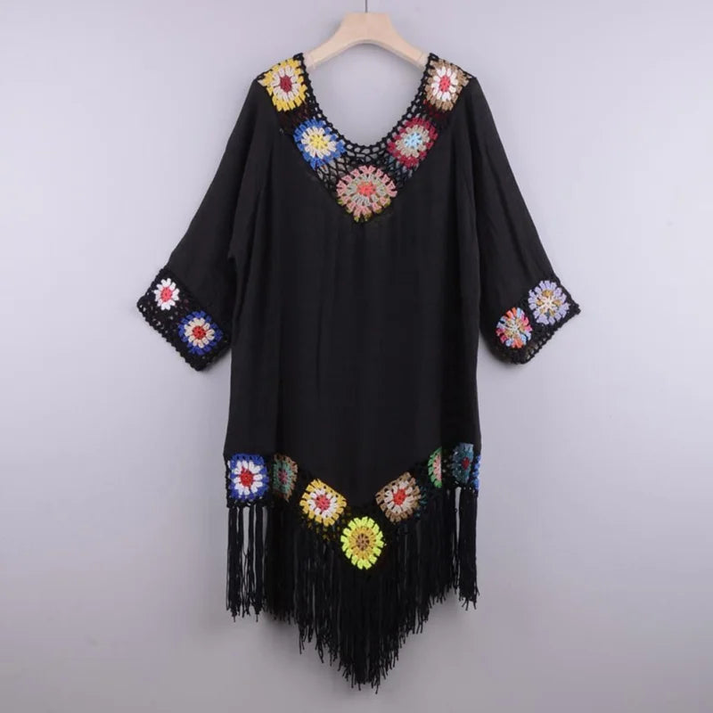 Beach dress with decorative embroidery & tassels - black / universal