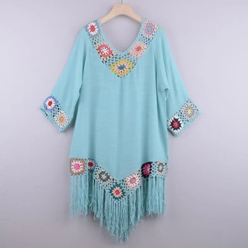 Beach dress with decorative embroidery & tassels - blue / universal