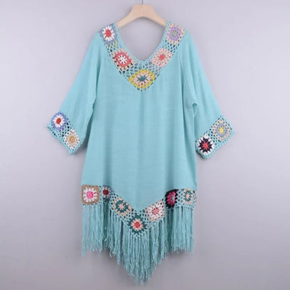 Beach dress with decorative embroidery & tassels - blue / universal