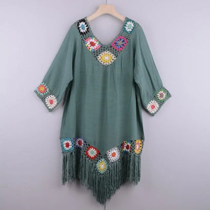 Beach dress with decorative embroidery & tassels - green / universal