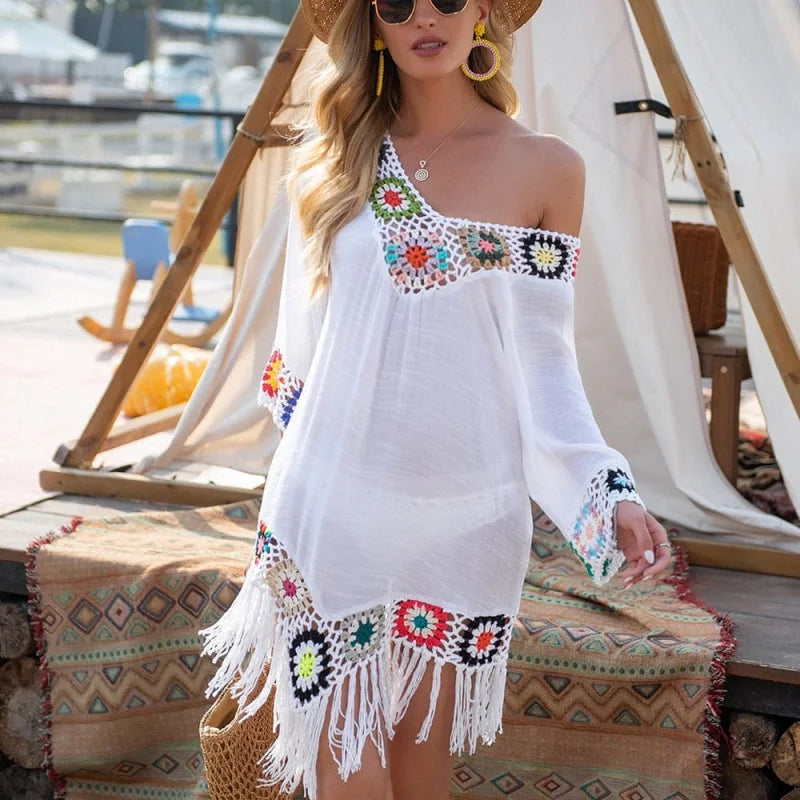 Beach dress with decorative embroidery & tassels - white / universal