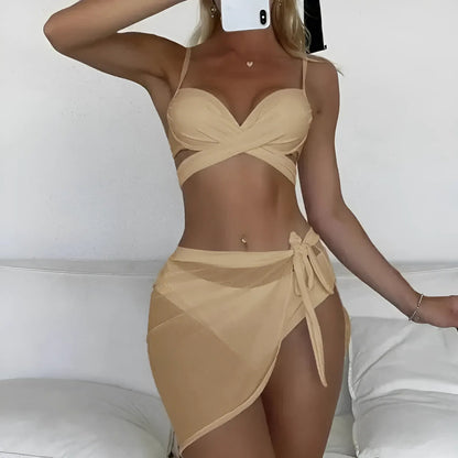 Beige 3-Piece Swimwear Set with Pareo