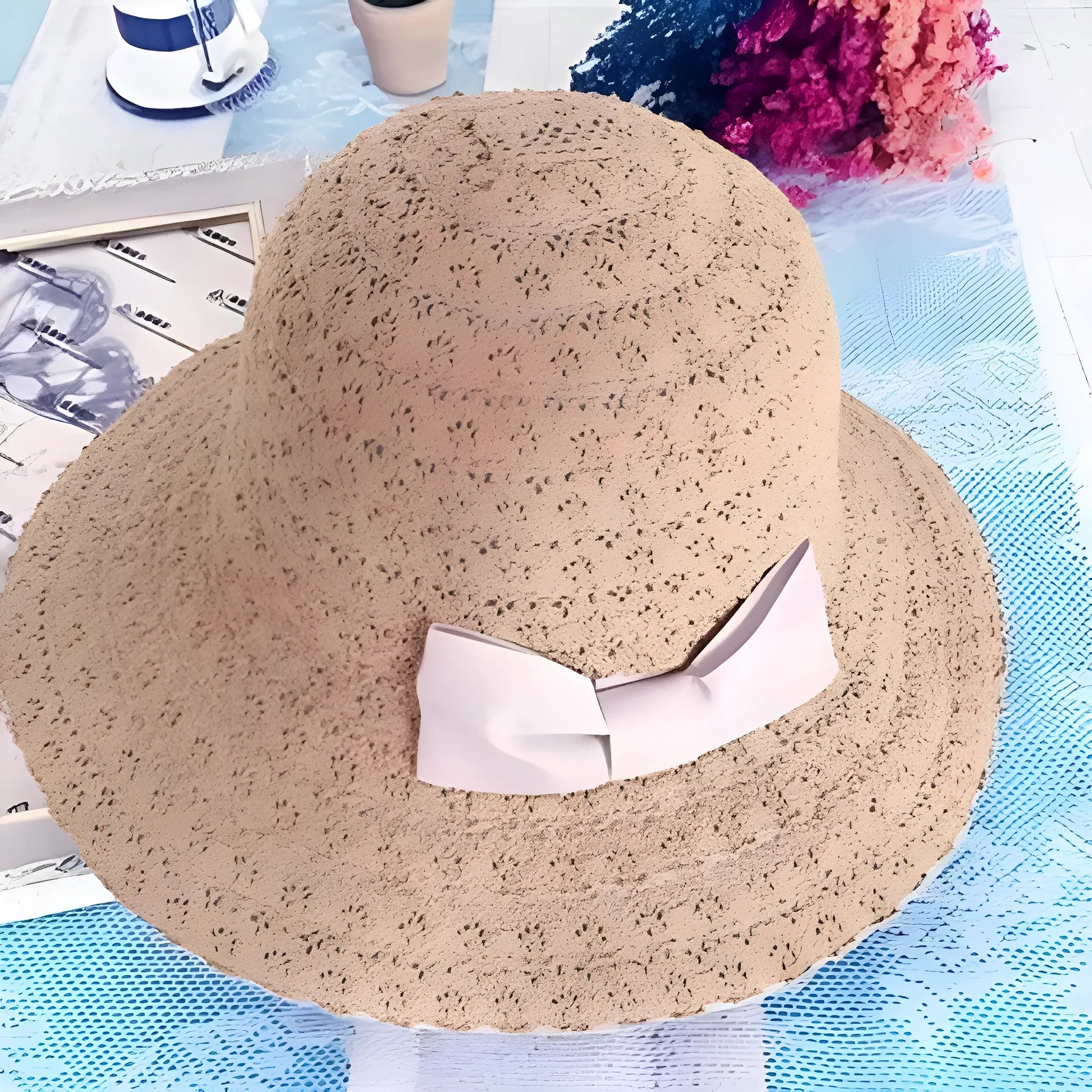 Beige Beach Hat with Bow