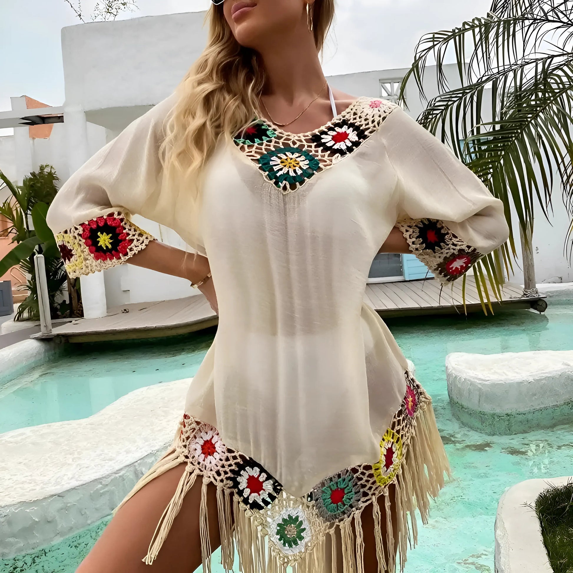 Beige Embroidered Beach Dress with Fringes