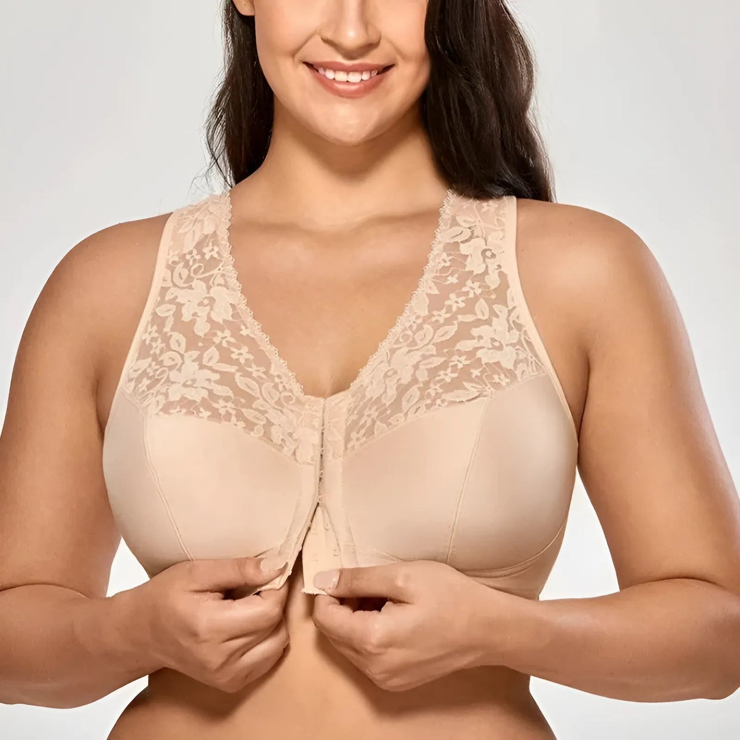 Beige Front Fastening Lace Bra in Larger Sizes