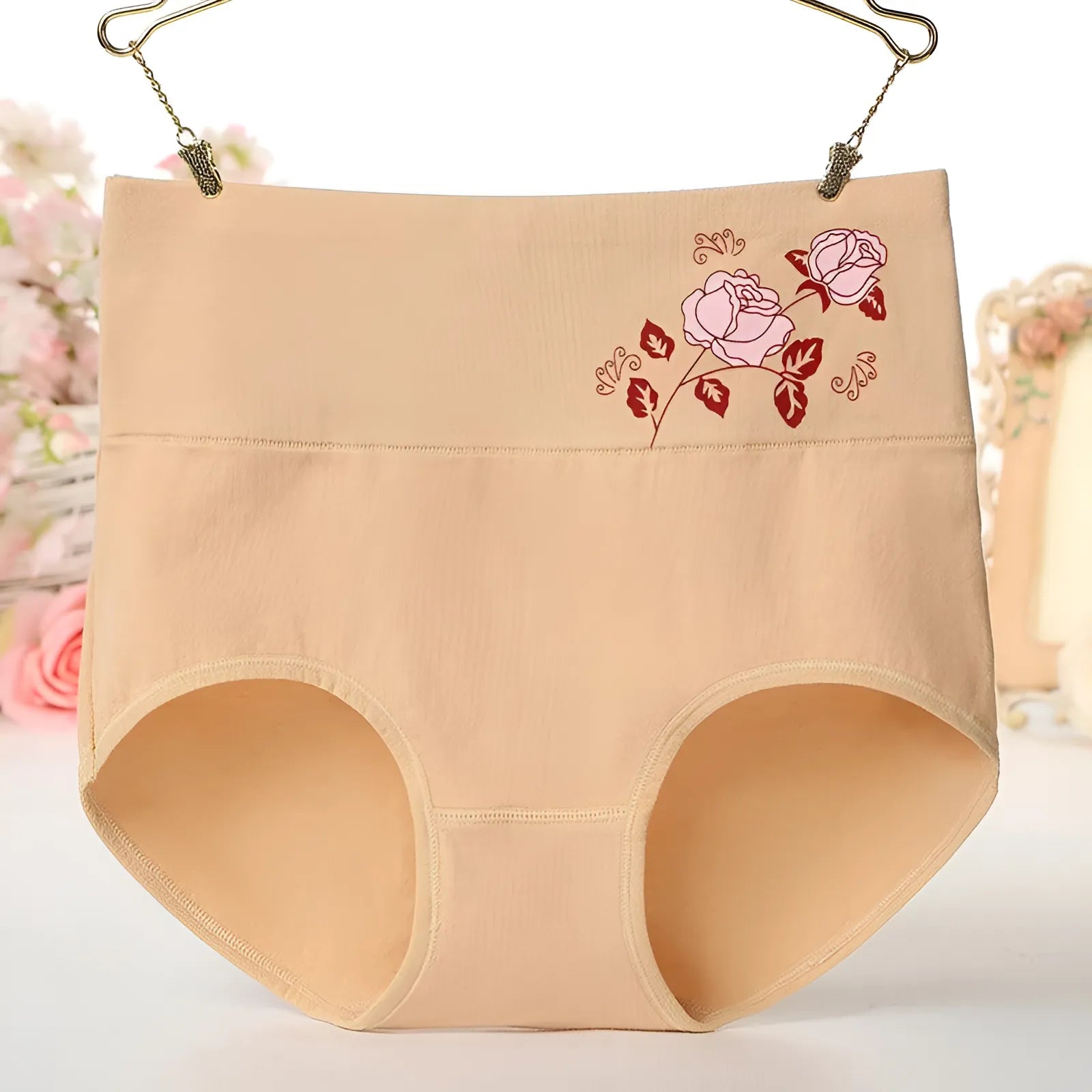 Beige High-Waisted Knickers with Decorative Rose