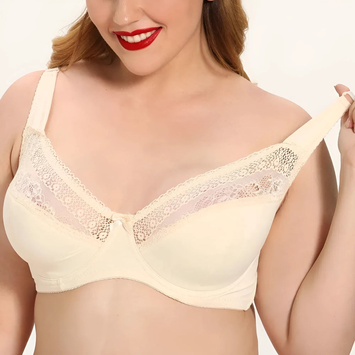 Beige Lace Bra in Plus Sizes with Bow Detail