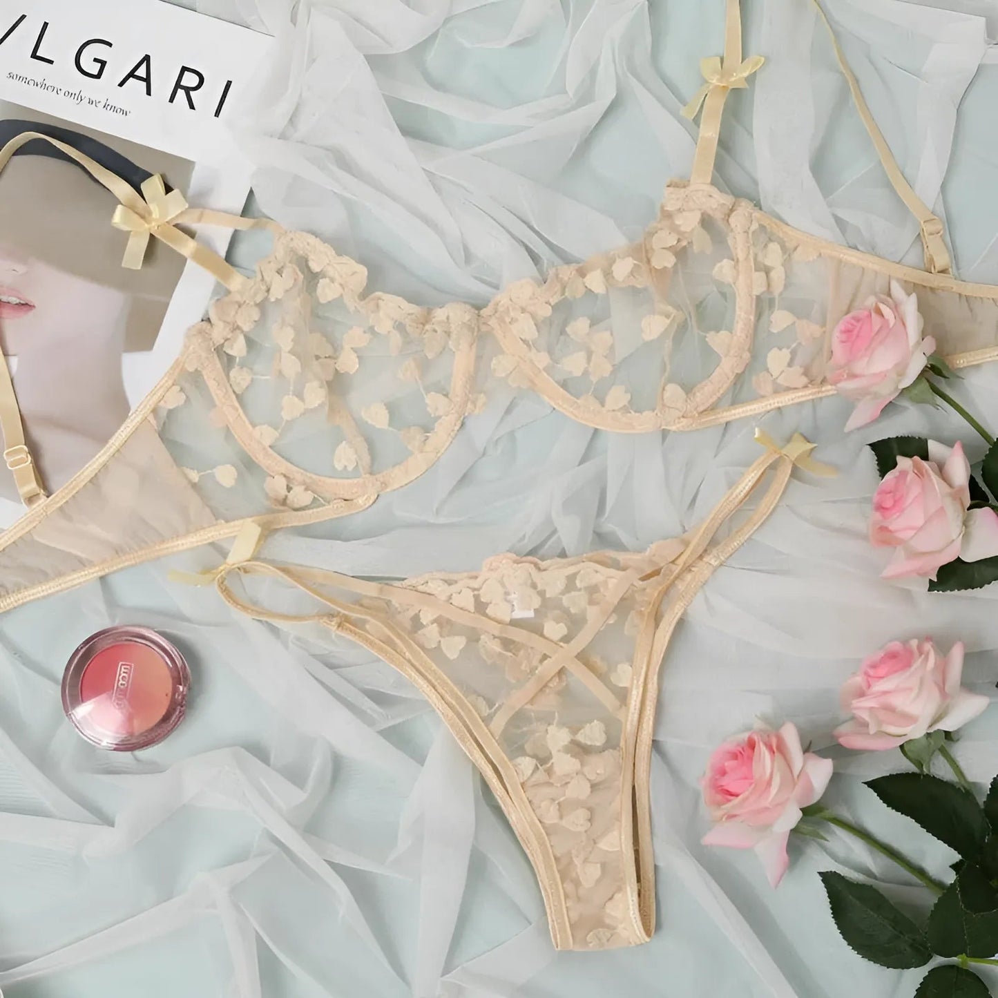 Beige Lace Heart Print Lingerie Set